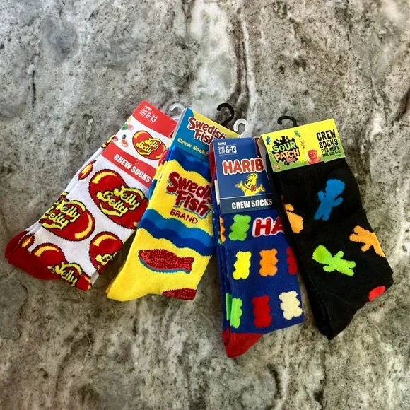 4 Pair Crew Socks Jelly Belly, Swedish Fish, Haribo, Sour Patch Kids - Picture 1 of 6